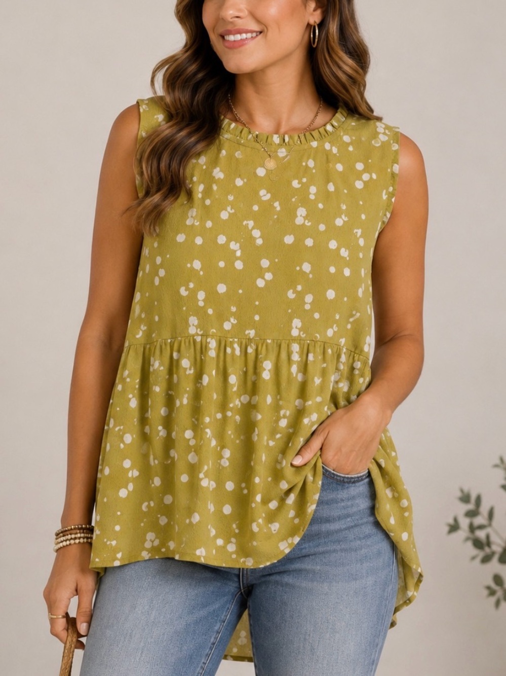 mittoshop Mustard Yellow Sleeveless Dot Ruffle Neck Tank